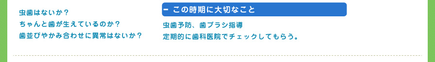 虫歯はないか？
ちゃんと歯が生えているのか？
歯並びやかみ合わせに異常はないか？
